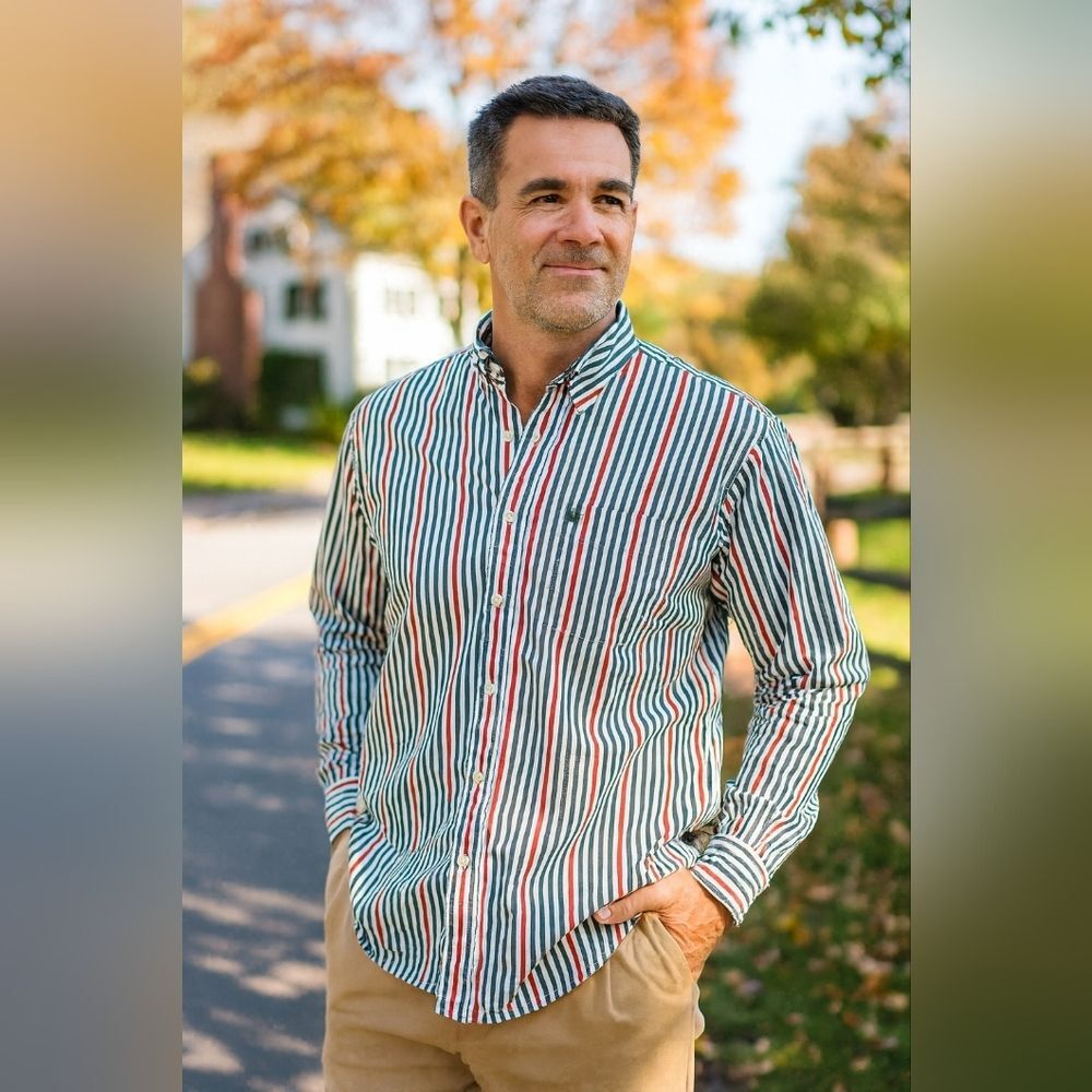 Tommy Hilfiger Red Green Navy Stripe Button Down Shirt L Preppy Professor Dressy